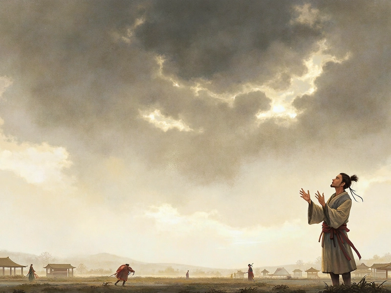 An anxious person looking up at the sky, symbolizing unnecessary worry or fear of improbable events.