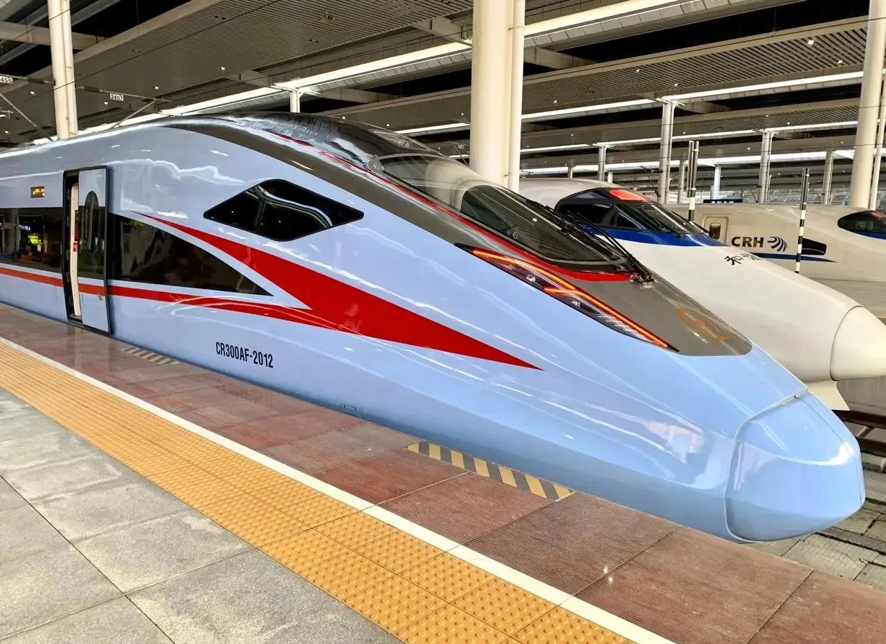 High-speed Chinese bullet train traveling on modern elevated tracks, showcasing advanced rail technology and Fuxing train design.